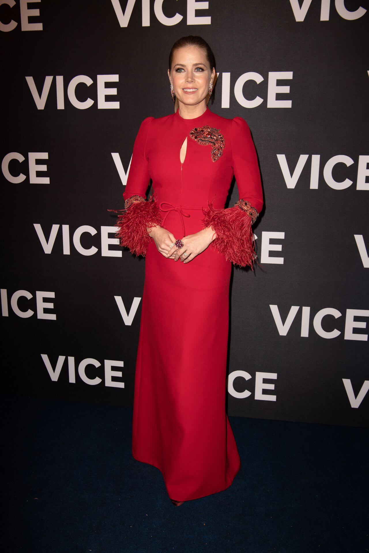 Amy Adams In Red Puffed Sleeves Long Dress At Vice Paris Premiere