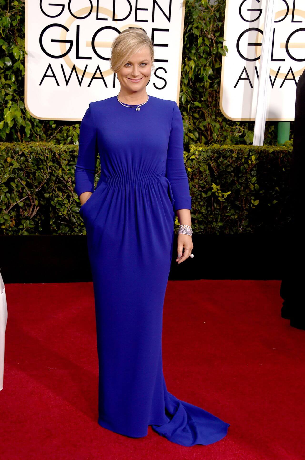 Amy Poehler  In Blue Full Sleeves Long Gown With Pearl Necklace At Golden Globe Awards in Beverly Hills