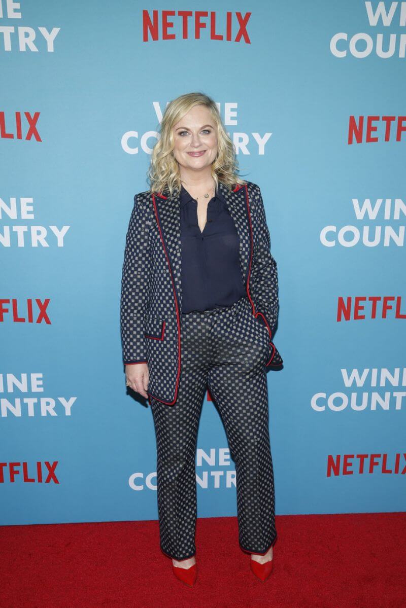 Amy Poehler  In Prined Blazer & Pants With Blue Top At“Wine Country” Premiere in NYC