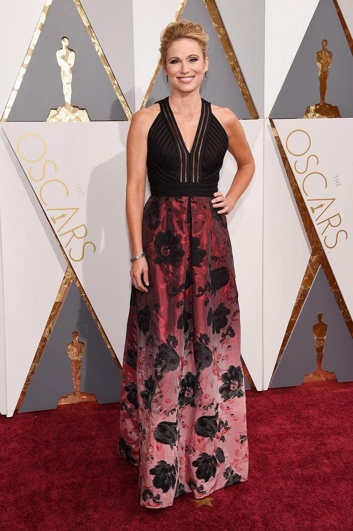 Amy Robach  In Black And Maroon Floral V Neck Gown