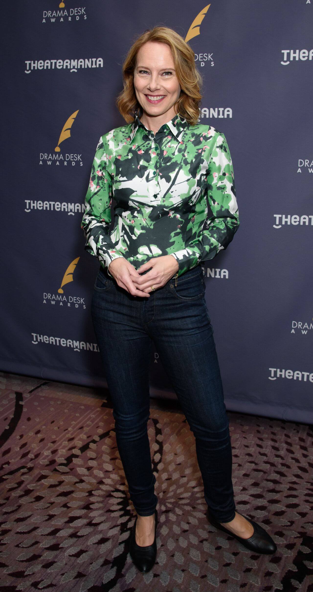 Amy Ryan  In Green Printed Full Sleeves Shirt and Denim Jeans At Drama Desk Nominees Reception in New York