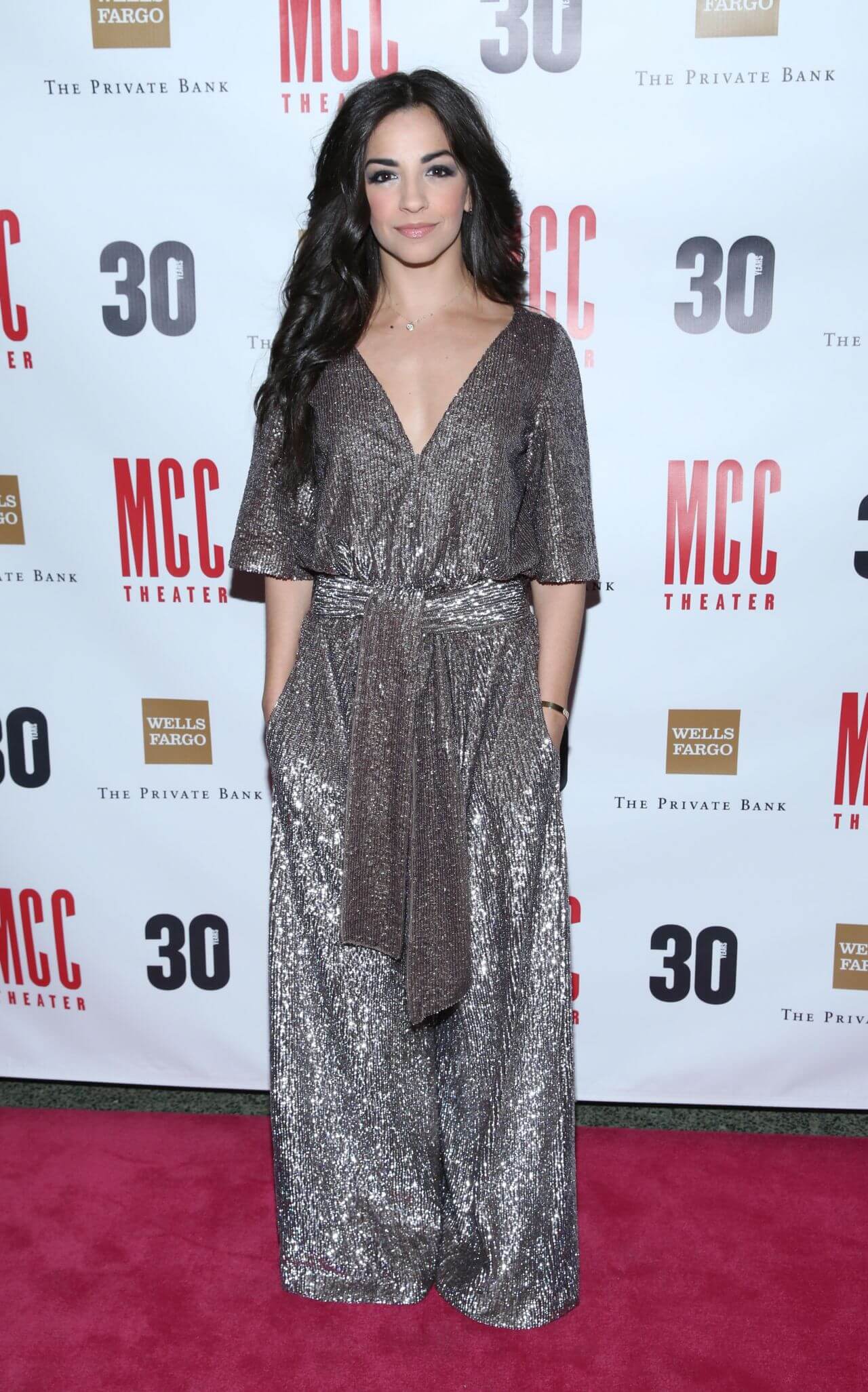 Ana Villafane  In Grey Shimmery Flare Sleeves V Neckline Long Gown At MCC Theater’s Annual Miscast Gala in NYC