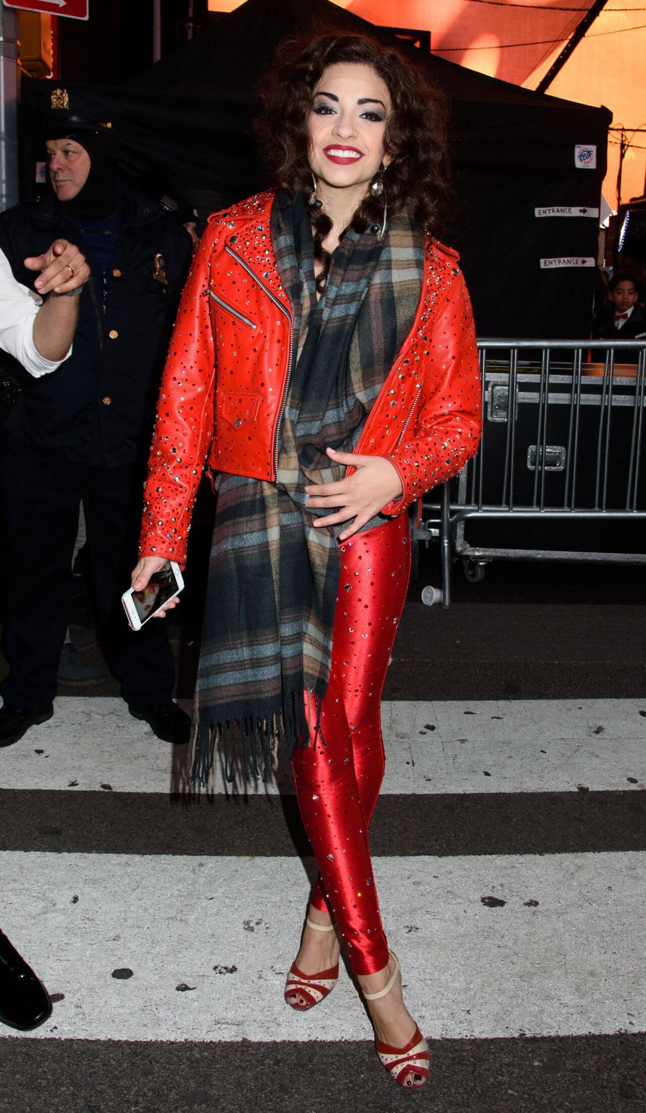  Ana Villafane In Red Sparkling Leather Jacket & Pants With Shawl Outfits at Times Square New Year's Eve  in NYC