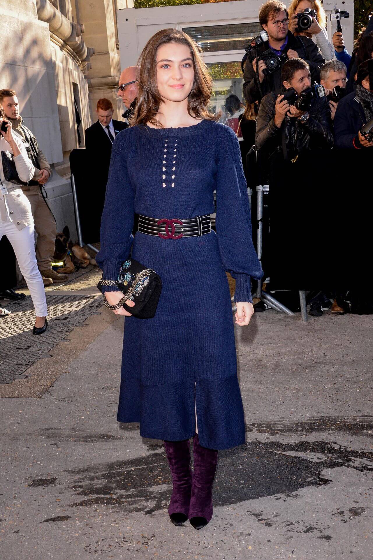 Anamaria Bartolomei  I Blue Baggy Sleeves  Woven Long Dress With Black Handbag At Chanel Fashion Show, PFW in Paris