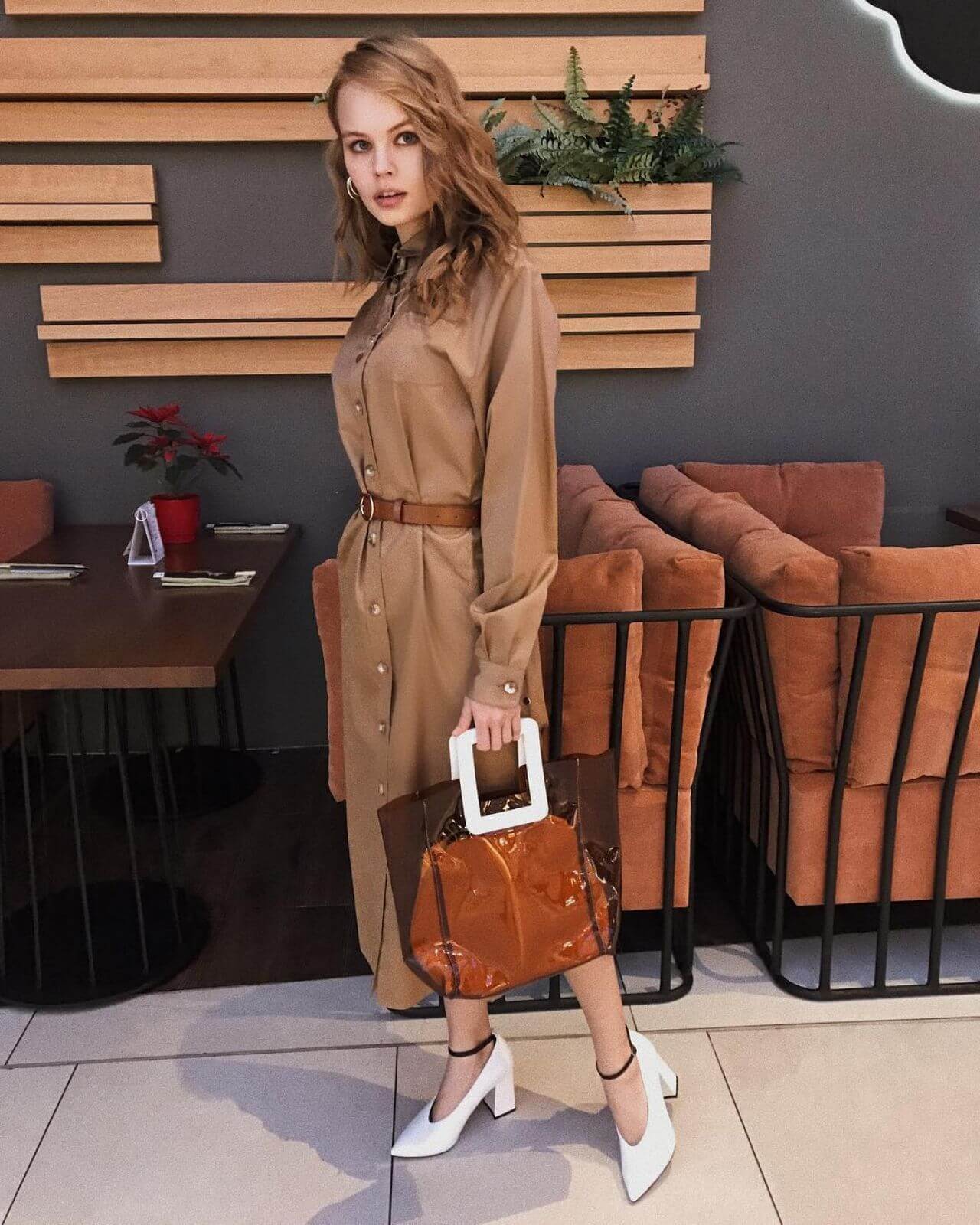 Anastasiya Scheglova In Brown Full Sleeves Long Shirt Outfits At Marie by Marie Winter