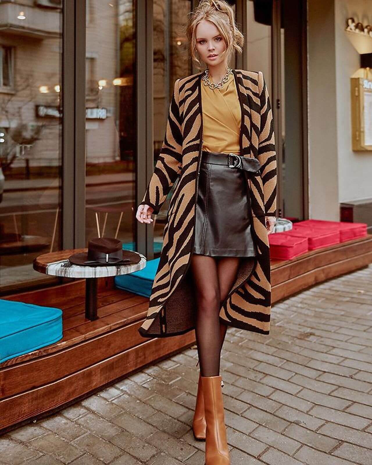 Anastasiya Scheglova In Yellow Top & Leather Mini Skirt With Long Coat At Maison de la Mode