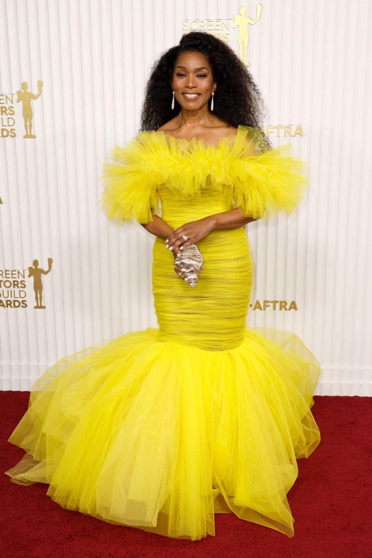 Angela Bassett In Yellow Net Flare Ruffle Fit & Flare Gown At Screen Actors Guild Awards in Los Angeles