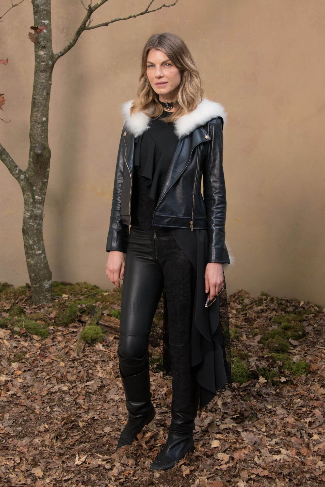 Angela Lindvall In Black Ruffle Top With Leather Pants With Jacket At Chanel Fashion Show FW18 in Paris