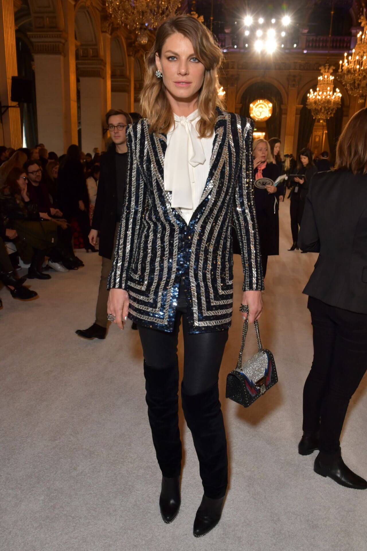 Angela Lindvall In White Top Black Trousers With Sequence Blazer Outfit At Balmain Show FW18 in Paris