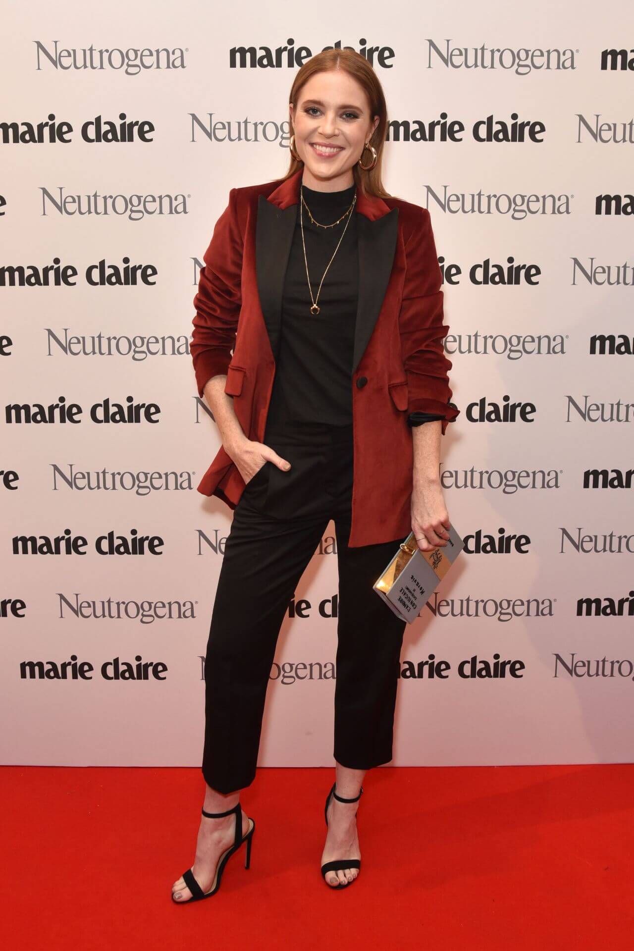 Angela Scanlon In Black Top & Pants With Maroon Blazer Outfits At Marie Claire Future Shapers Awards