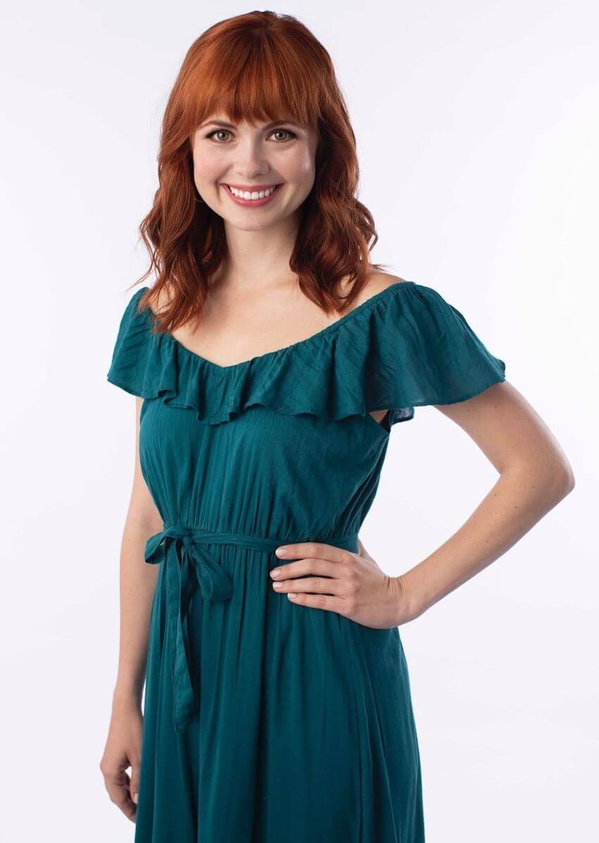 Galadriel Stineman In Bottle Green With Ruffle Neck Design Pleated Gown Dress