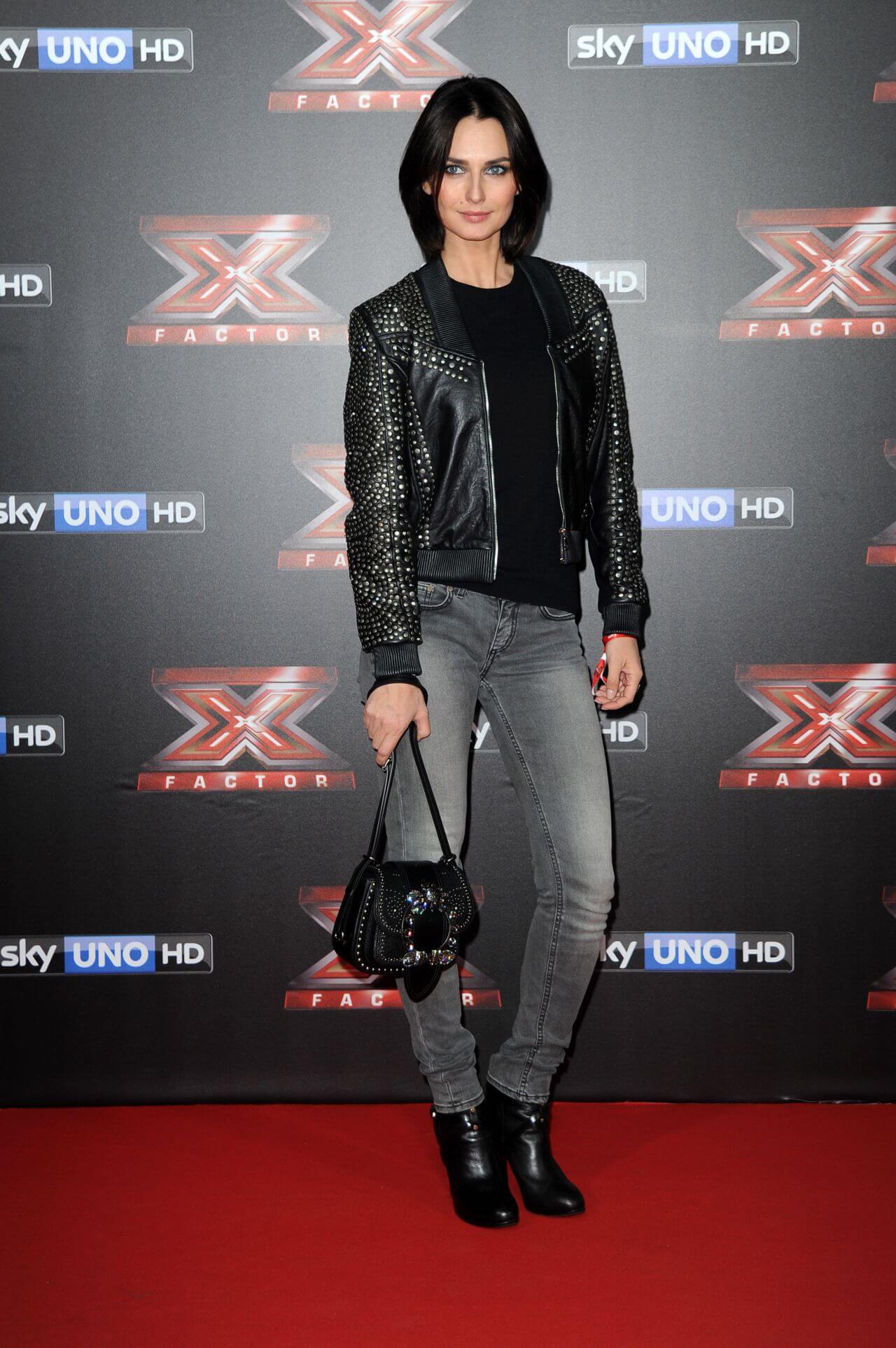 Anna Safroncik  In Black T-shirt & GreyJeans With Leather Jacket At Italian X-Factor Final Stage Red Carpet in Milan