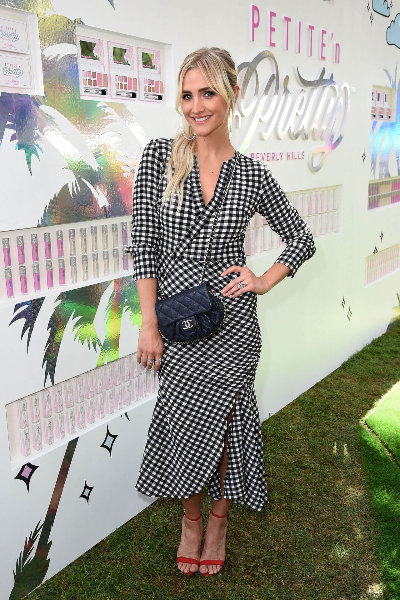 Ashlee Simpson In Black Checked Full Sleeves Long Ruffle Dress At Petite `n Pretty Launch Celebration in Beverly Hills