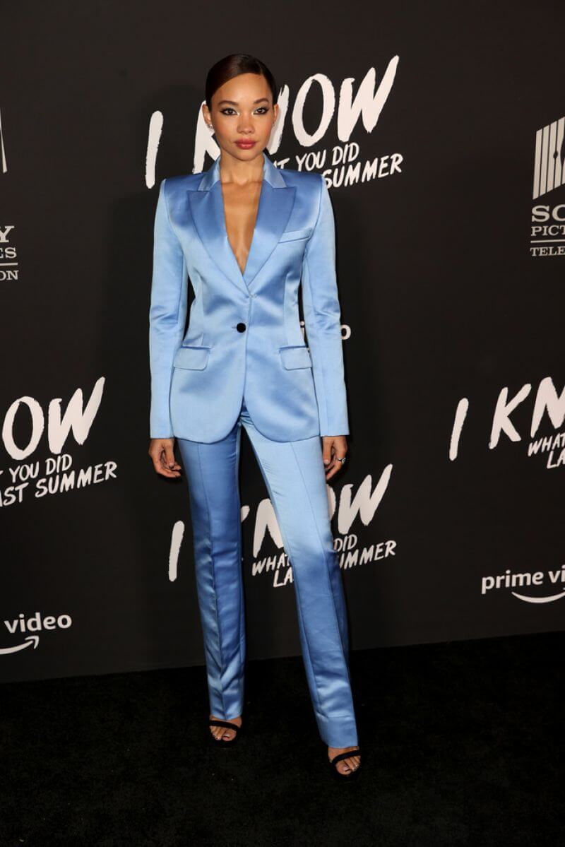 Ashley Moore  In Shiny Blue Two Piece Blazer Outfits At “I Know What You Did Last Summer” Premiere in LA