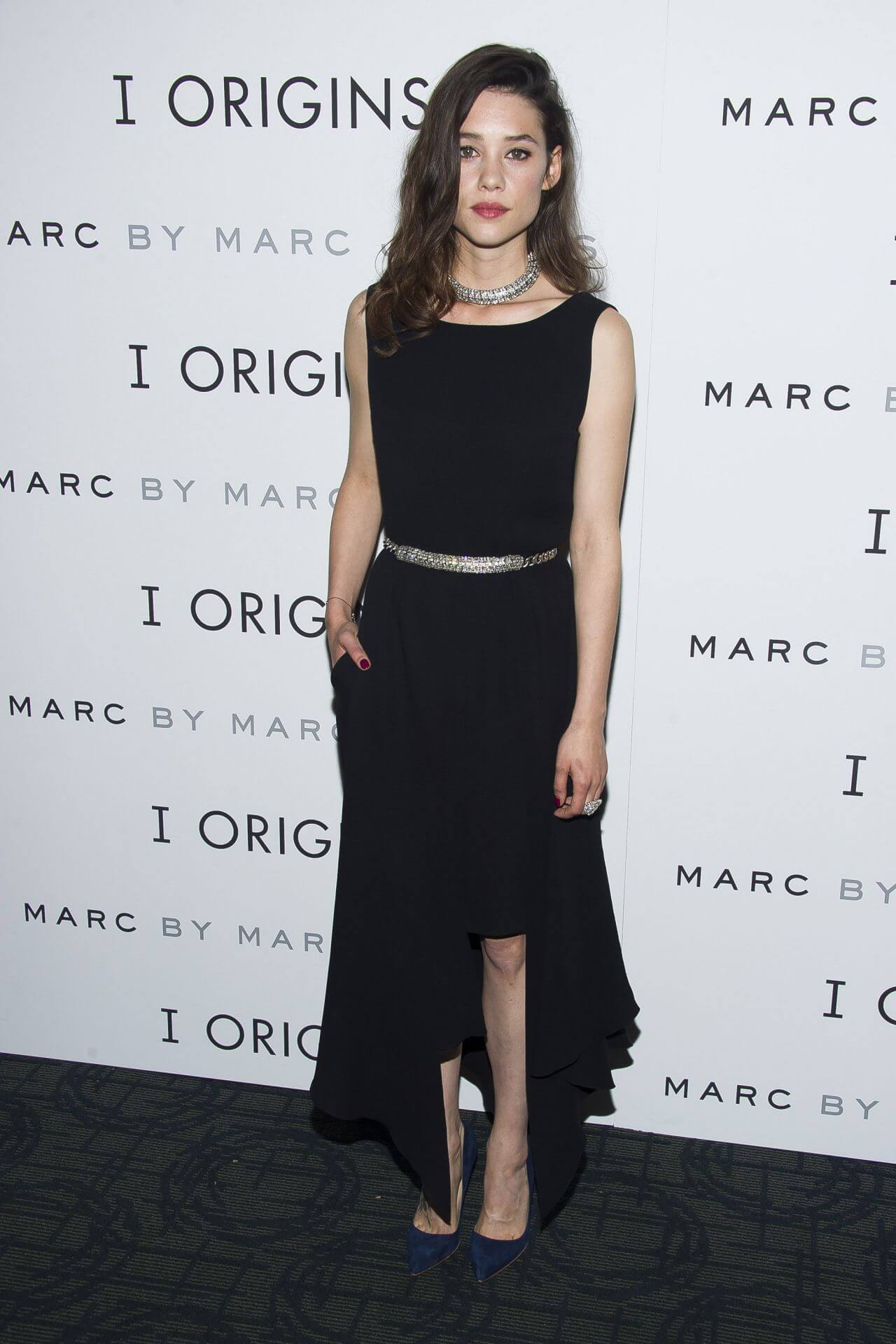 Astrid Berges-Frisbey  In Black Sleeveless Ruffle Gown With Oxidised Waist Belt At ‘I Origins’ Premiere in New York City