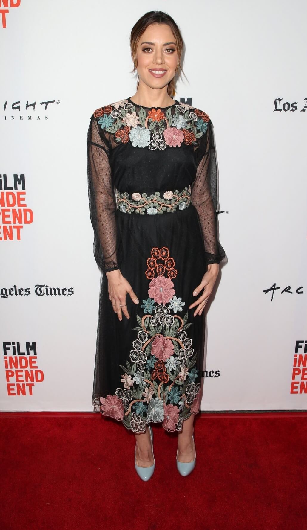 Aubrey Plaza  In Black Floral Embroidery Long Dress At “The Little Hours” Screening in Culver City