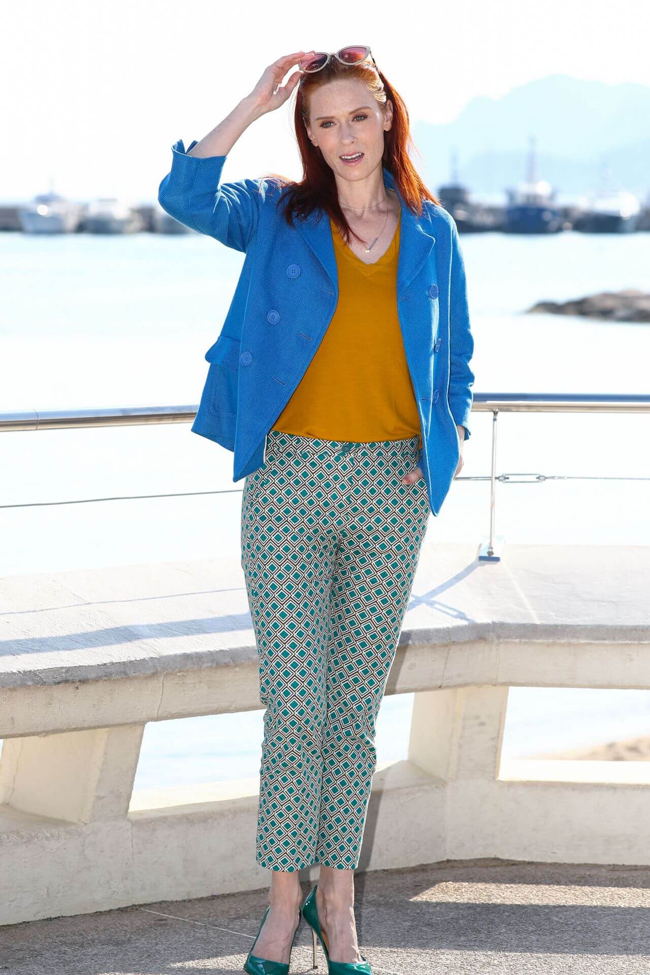 Audrey Fleurot Lovely In Yellow Top & Printed Pants With Blue Jacket Outfit