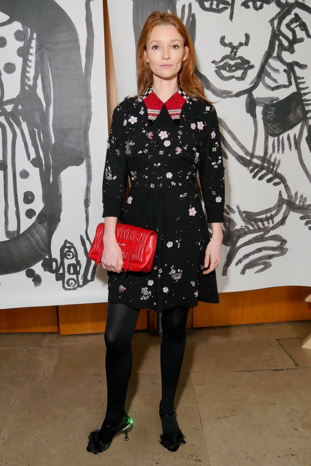 Audrey Marnay  In Black Floral Patchwork Design With Bow Collar Short Gown Dress At Miu Miu Show FW 18 in Paris