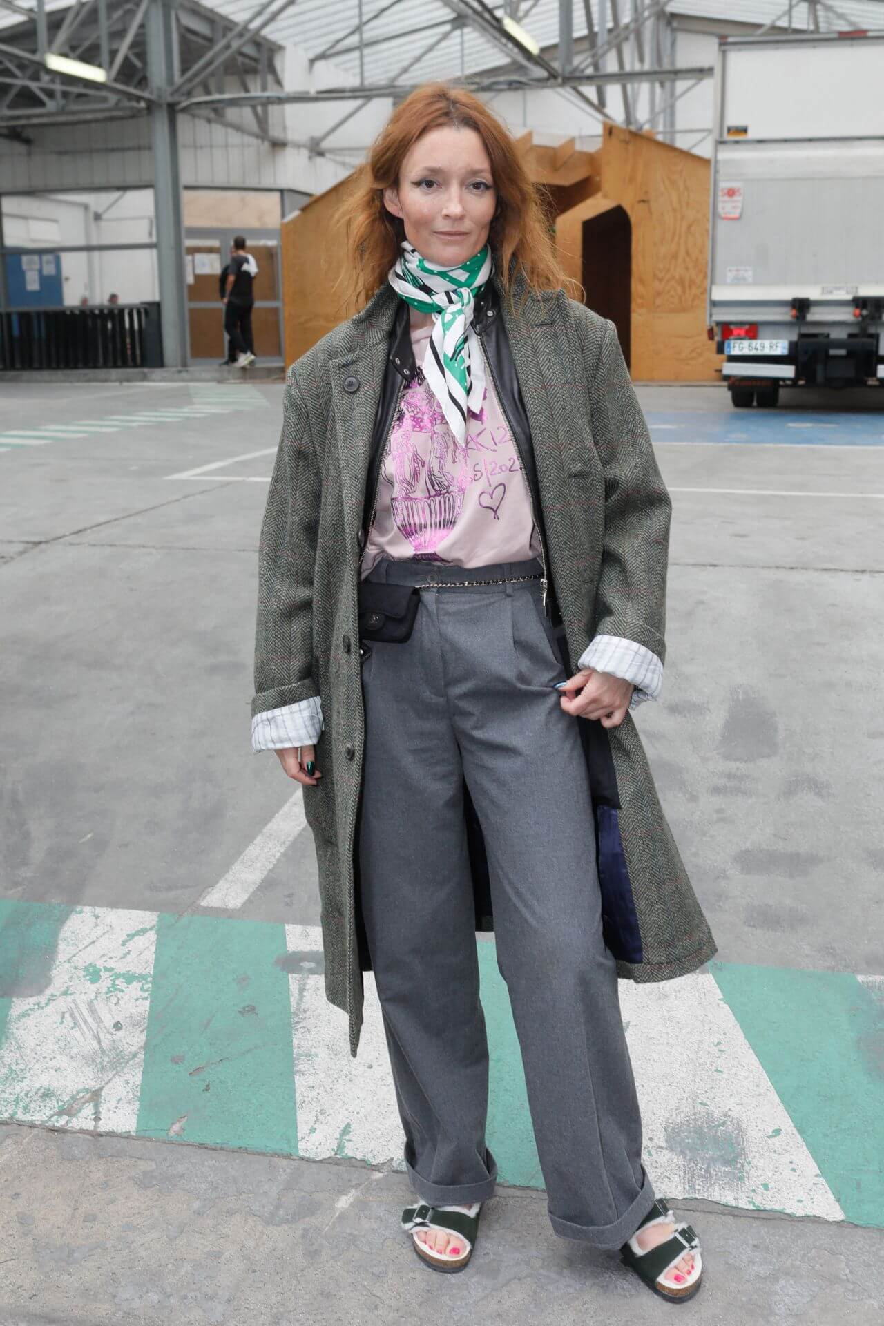 Audrey Marnay In Grey Over Long Coat With Grey Pants White T-Shirt At Vivienne Westwood Fashion Show in Paris