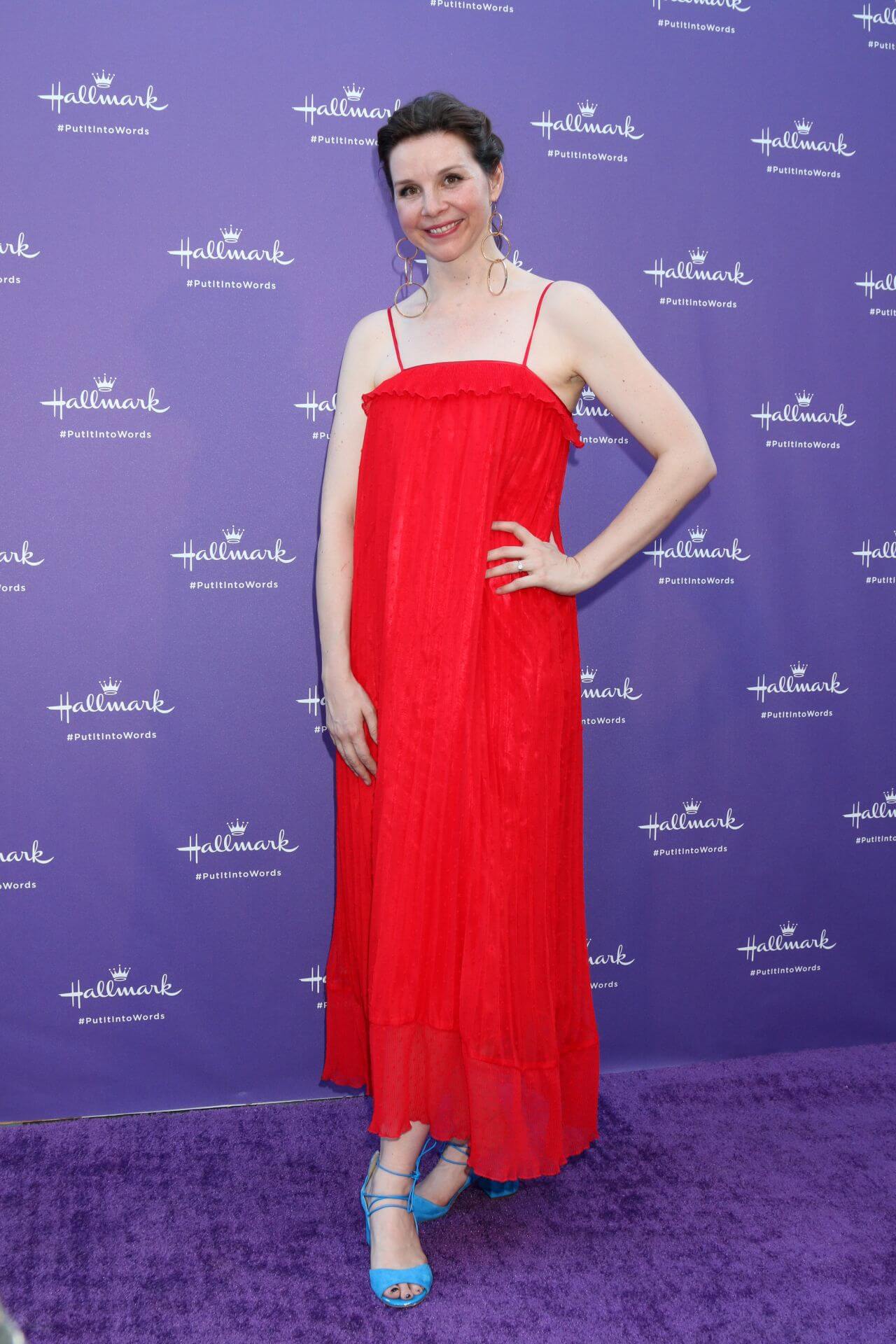 Audrey Moore  In Bright Red Strap Sleeves Long Maxi Dress At Hallmark’s Put It Into Words Campaign Launch Party in LA