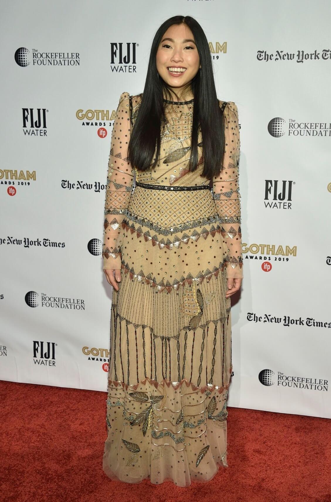 Awkwafina In Beige Full Sleeves Embroidery Work  Long Gown At IFP Gotham Awards