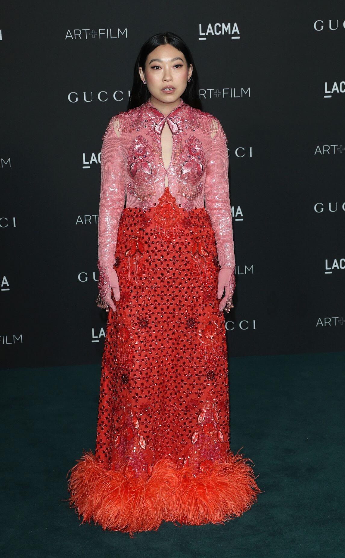 Awkwafina In Pink & Red Shimmery Fabric In Fringing Style Long Dress At  LACMA ART+FILM GALA in Los Angeles