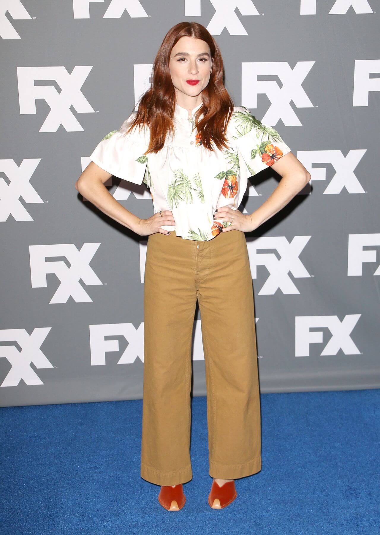 Aya Cash  In White Floral Print Shirt With Brown Pants At FX, TCA Summer Press Tour in LA