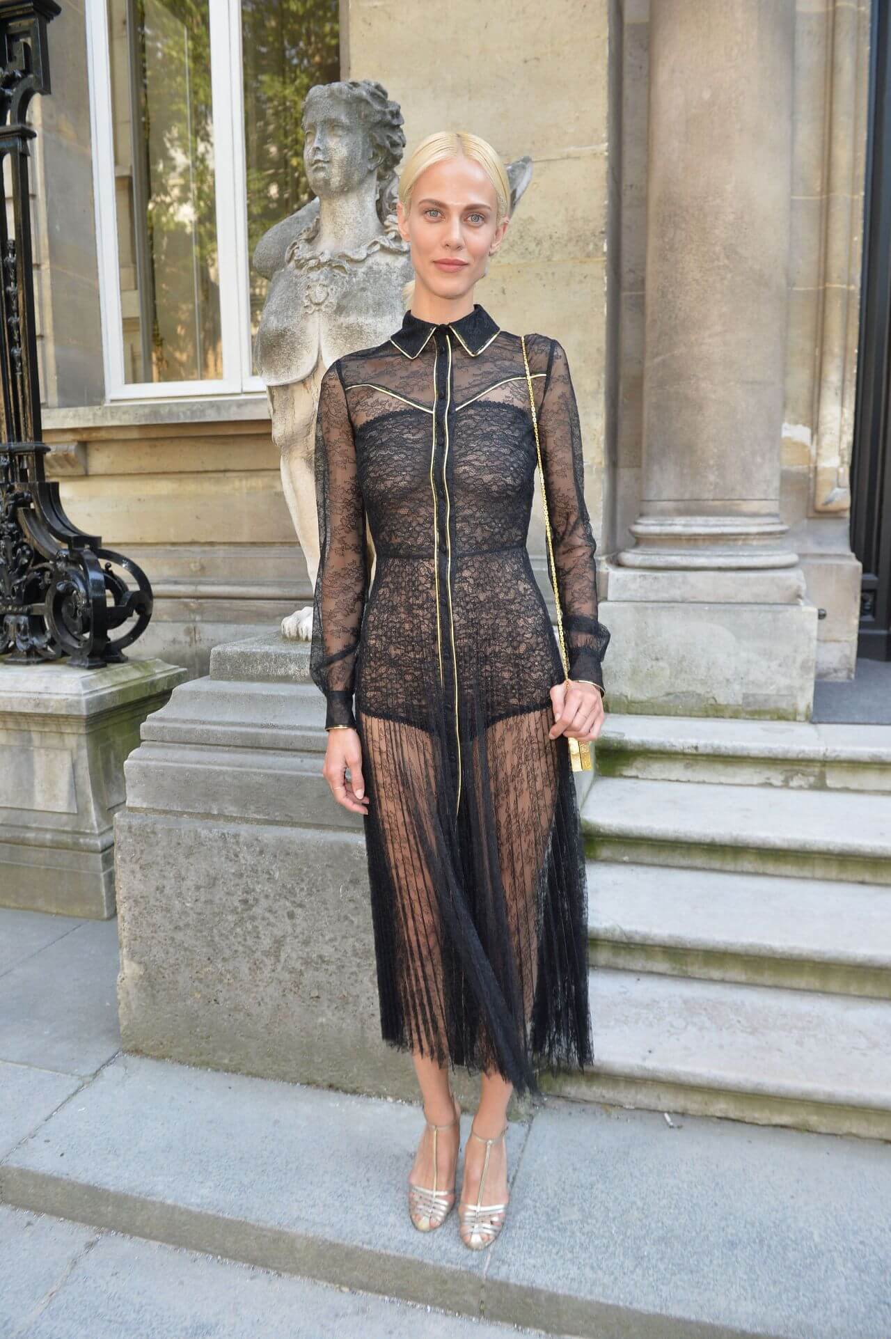 Aymeline Valade In Black Net Fabric Transparent Long Dress  At Valentino Fashion Show In Paris Fashion Week