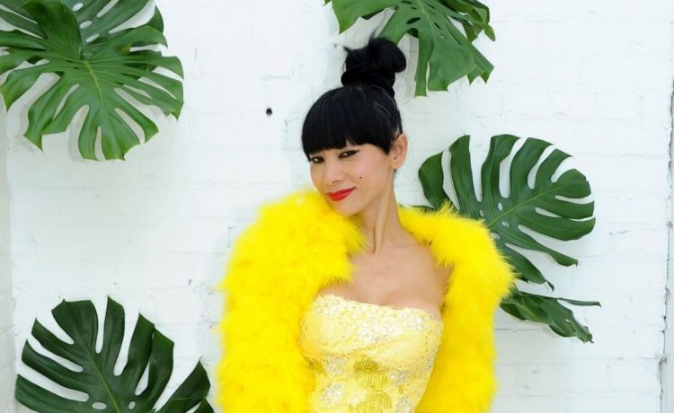 Bai Ling In Yellow Sequence Fabric Short Dress With Fur Style At BAREITALL + BARE AW15 Launch Event in Santa Monica