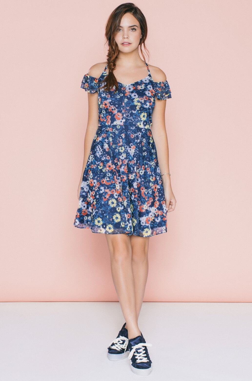 Bailee Madison  In Blue Printed Off Shoulder Short Dress At Nowadays  Campaign for Macy’s