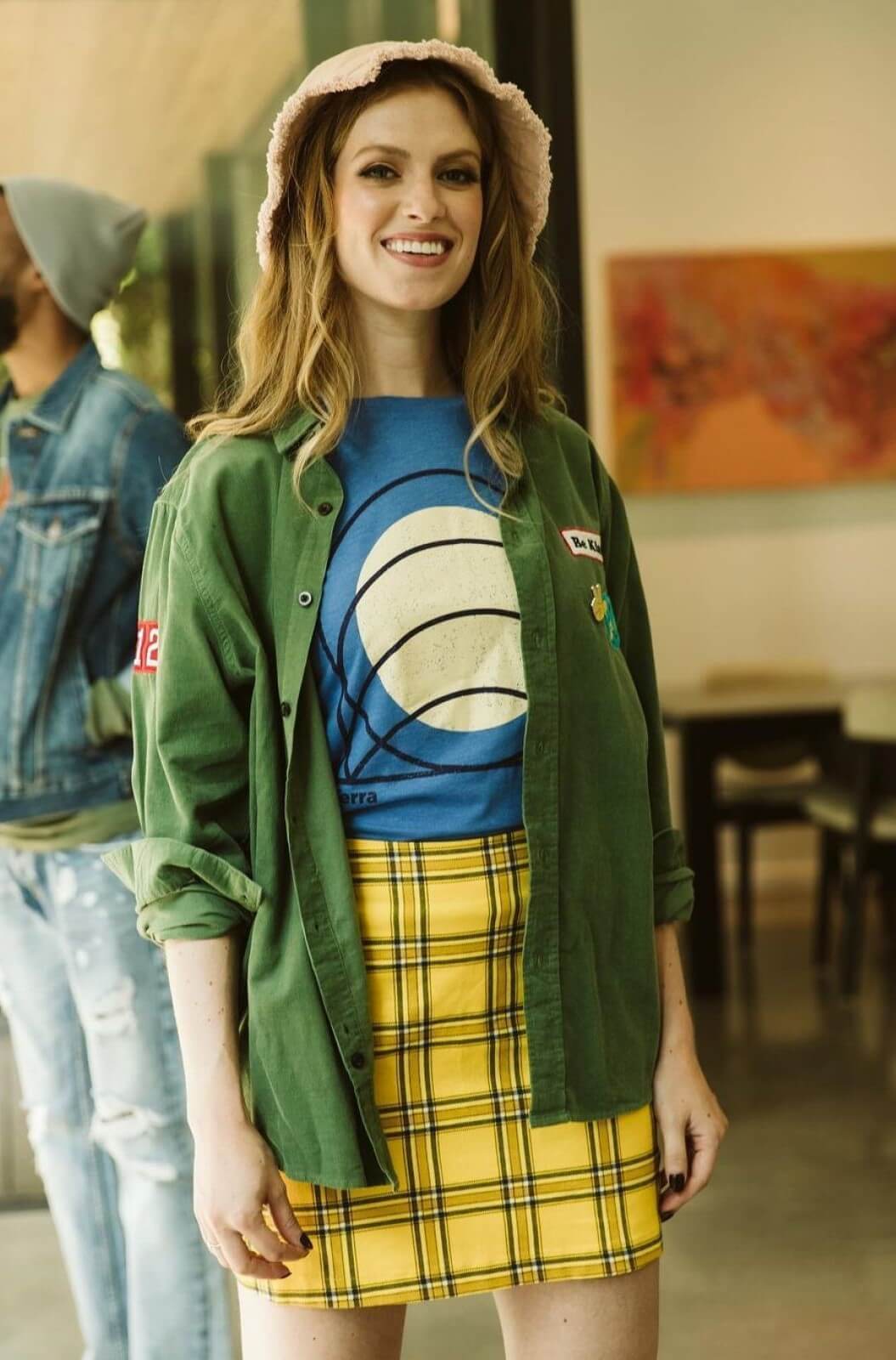 Barbara Dunkleman In Green Denim Jacket Under Blue T-shirt With Yellow Checked  Mini Skirt Outfit