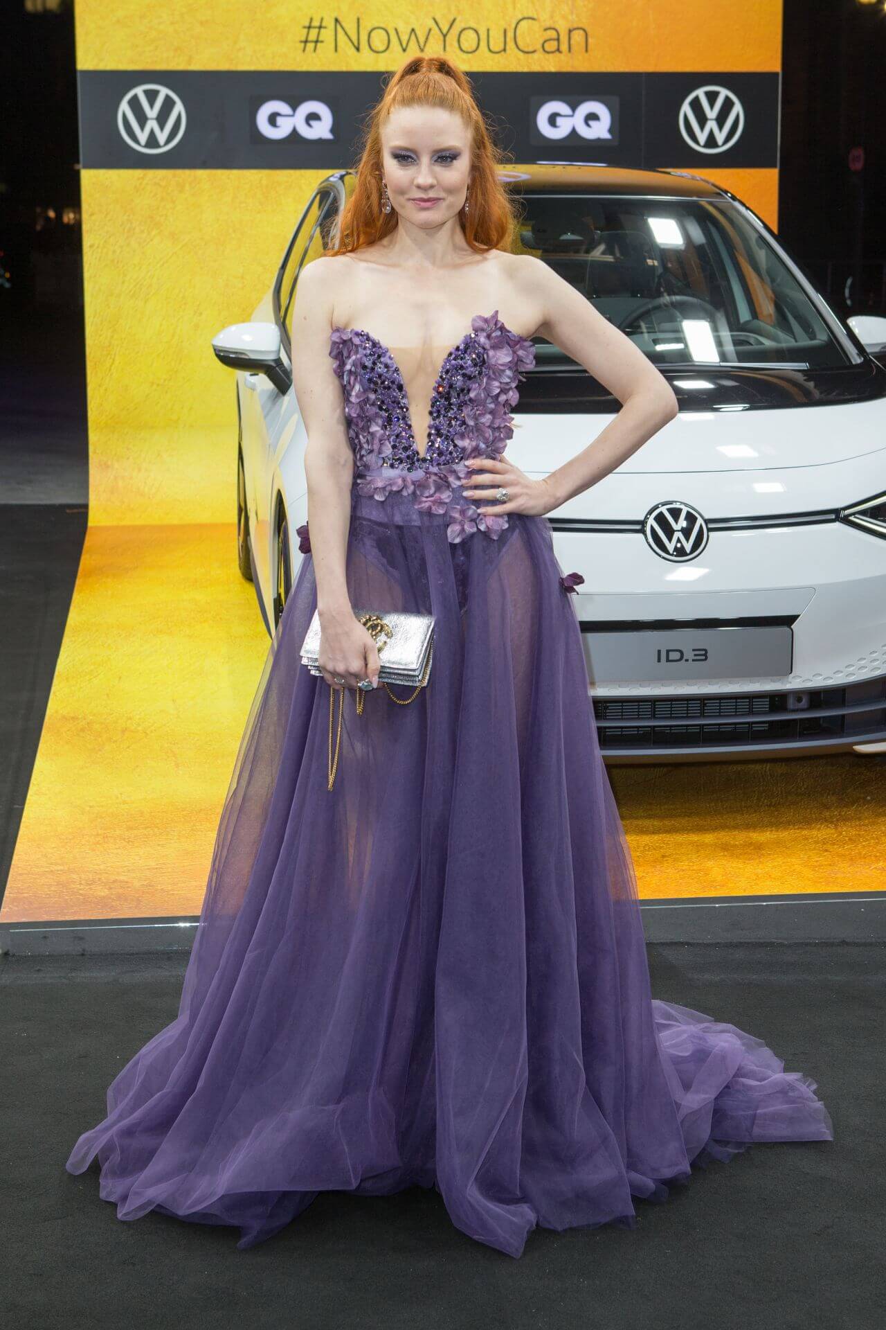 Barbara Meier In Purple Sheering With Floral Design Strapless Long Gown At GQ Men of the Year Awards in Berlin