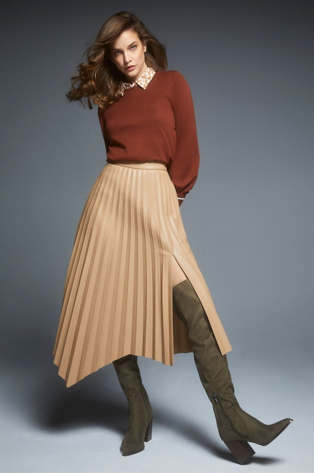 Barbara Palvin In Brown Collar Full Sleeves Top With Pleated Skirt Outfit