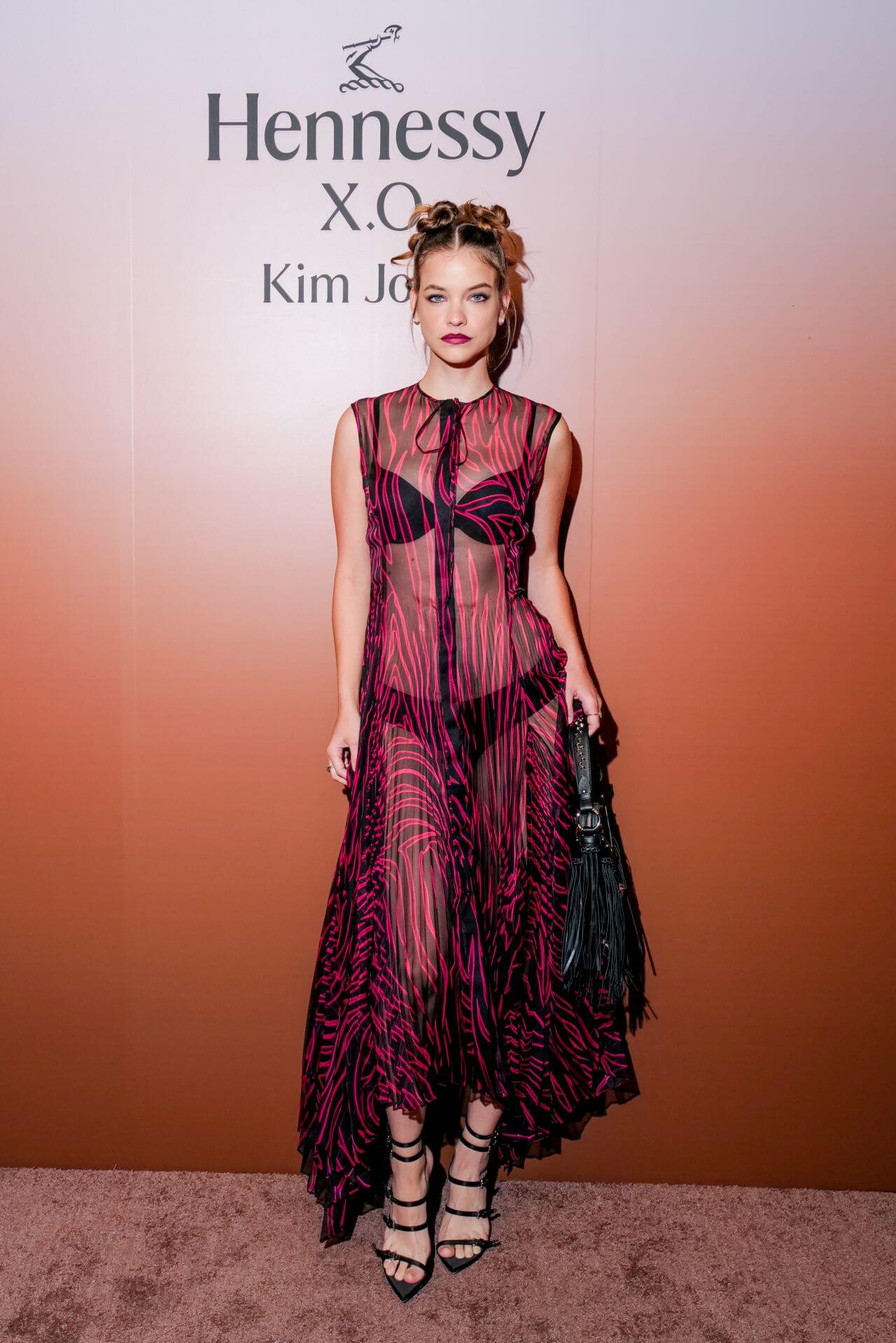 Barbara Palvin  In Pink Printed Sheering Long Ruffle Dress At Hennessy X.O x Kim Jones “X.O Lab” Pop-Up in NYC