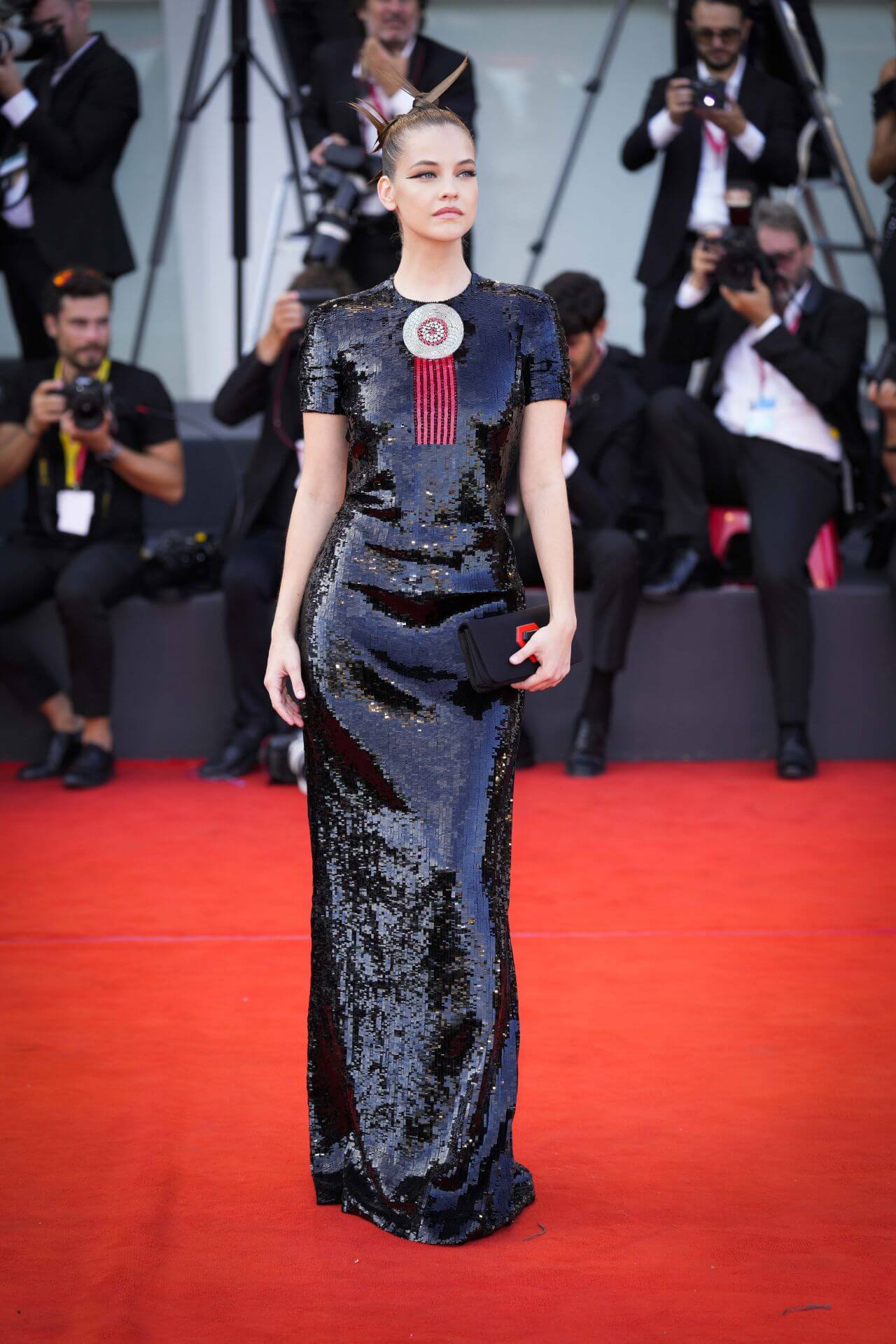 Barbara Palvin  In Shiny Black Shimmery Half Sleeves Long Dress At “White Noise” Premiere In Venice International Film Festival