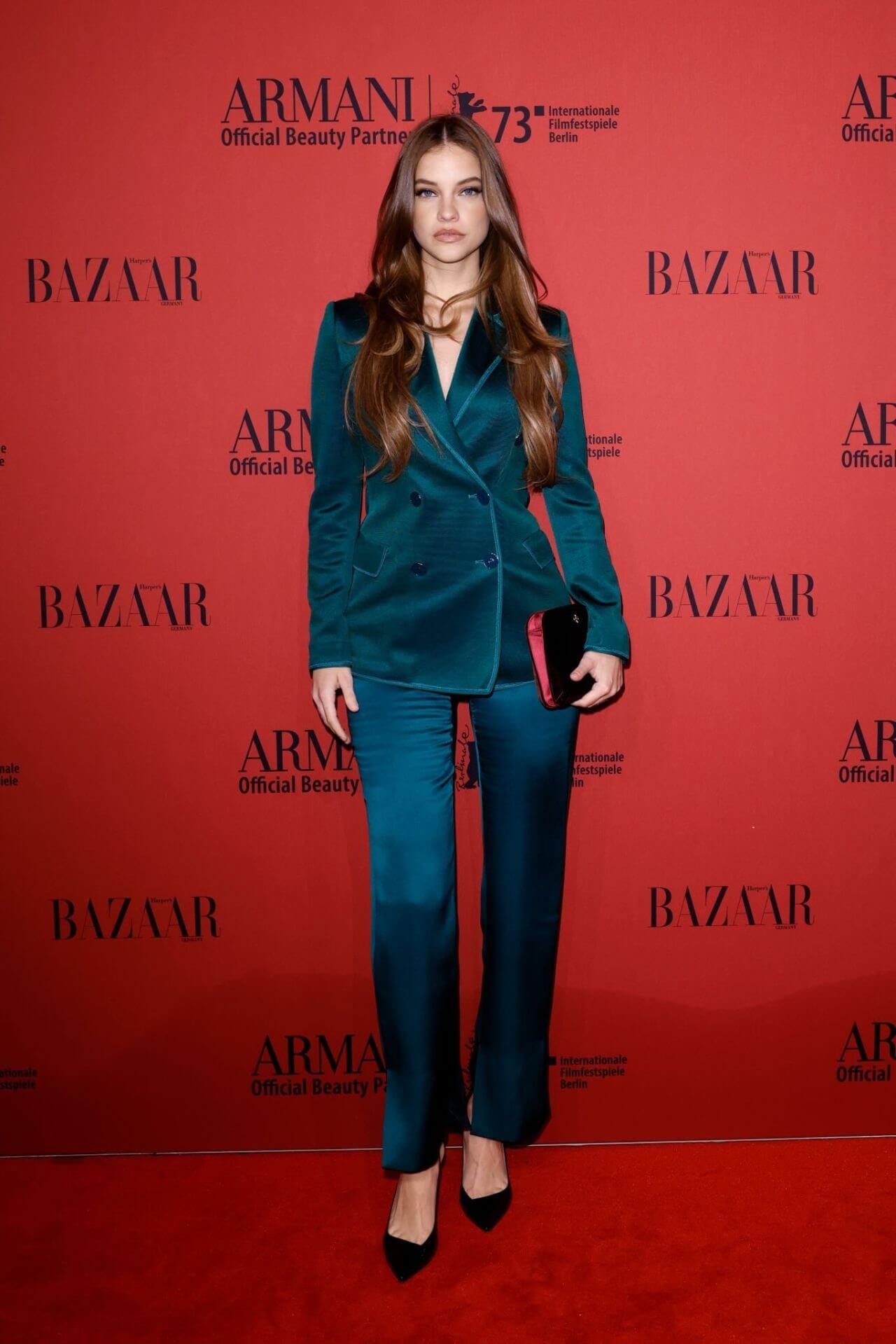 Barbara Palvin  In Shiny Sea Green Two Piece Blazer Outfit At Armani Beauty X Harper’s Bazaar Dinner in Berlin