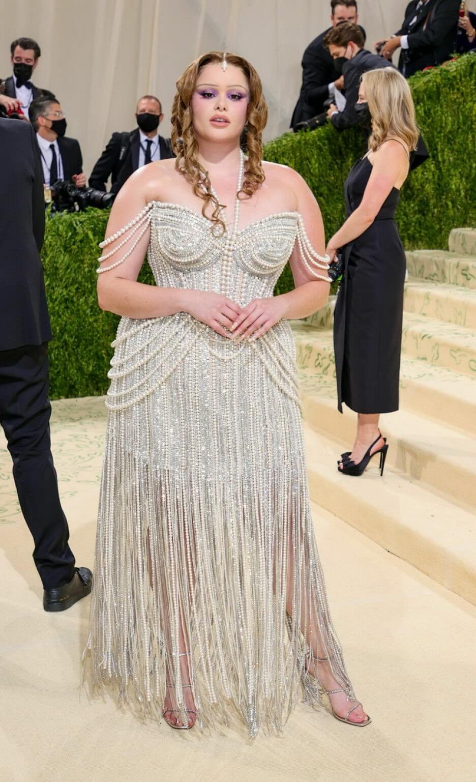 Barbie Ferreira In White Pearl Design Strapless With Fringing Style Long Dress At Met Gala