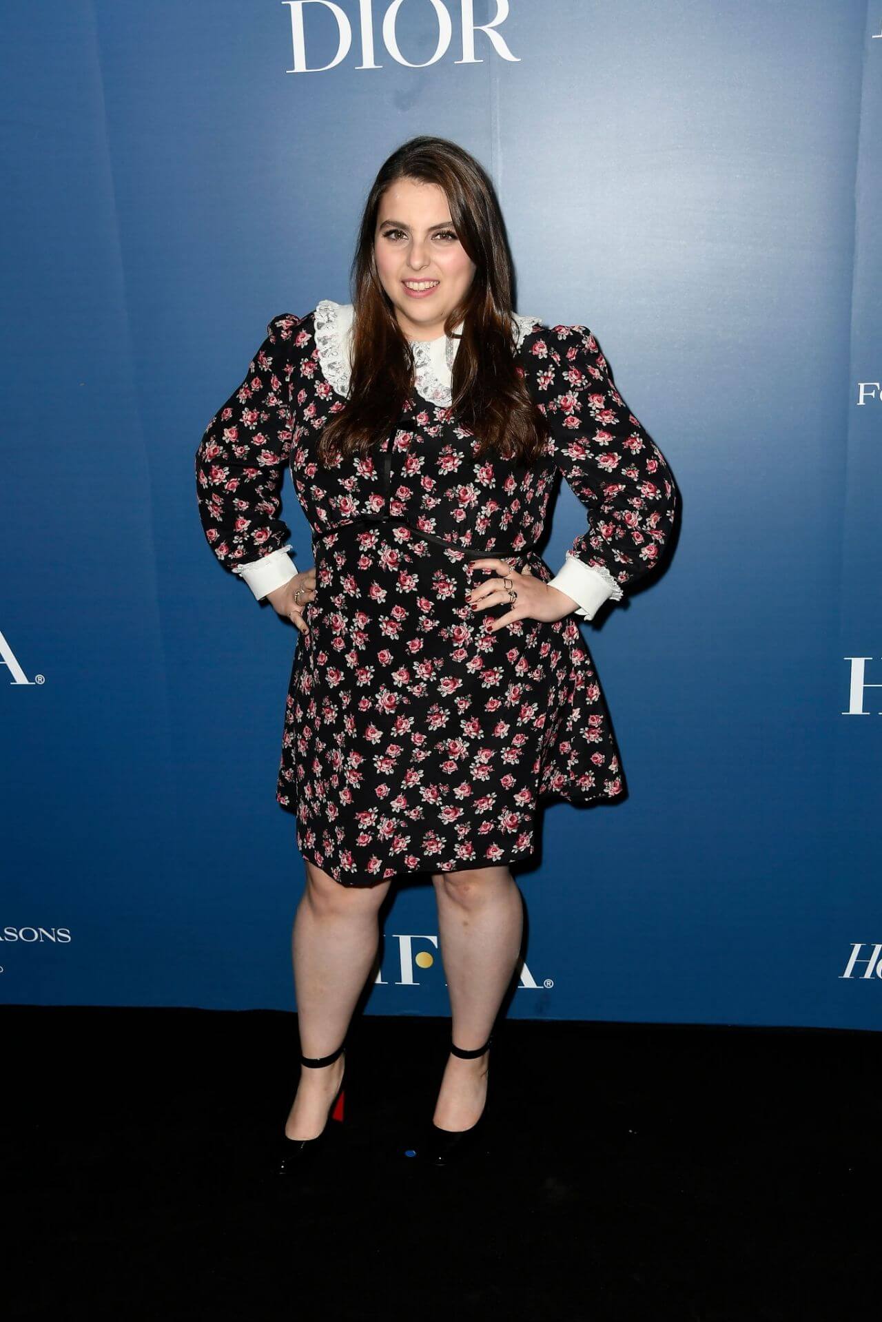 Beanie Feldstein  In Black Floral Printed Short Dress At The HFPA and THR Party in Toronto