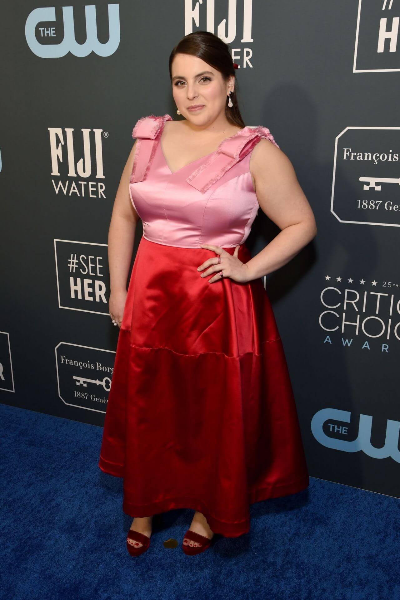 Beanie Feldstein  In Pink & Red Satin Fabric Long Flare Gown Dress At Critics’ Choice Awards