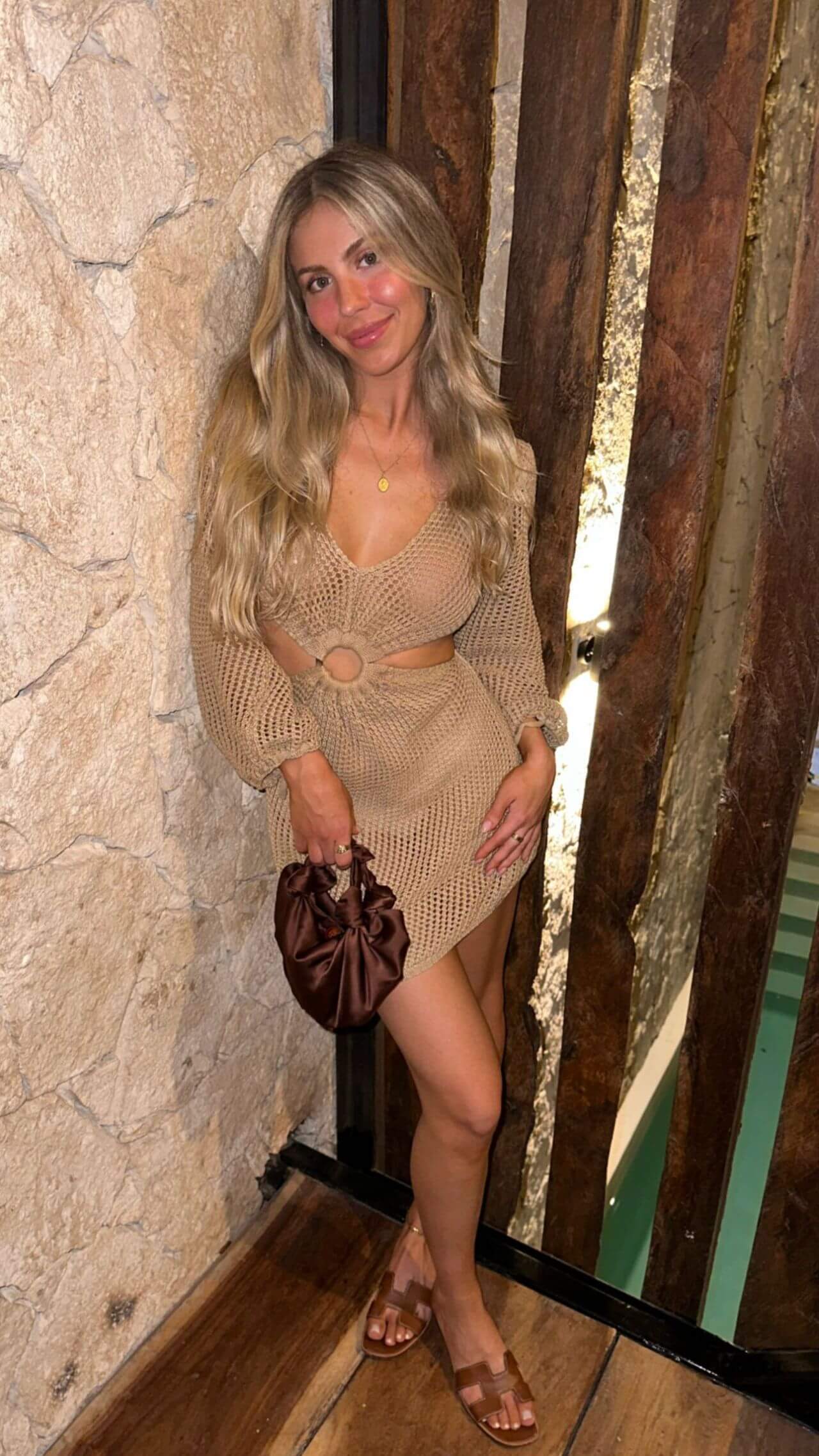 Beatrice Bouchard In Beige With Crochet Pattern Cut Out Mini Outfit