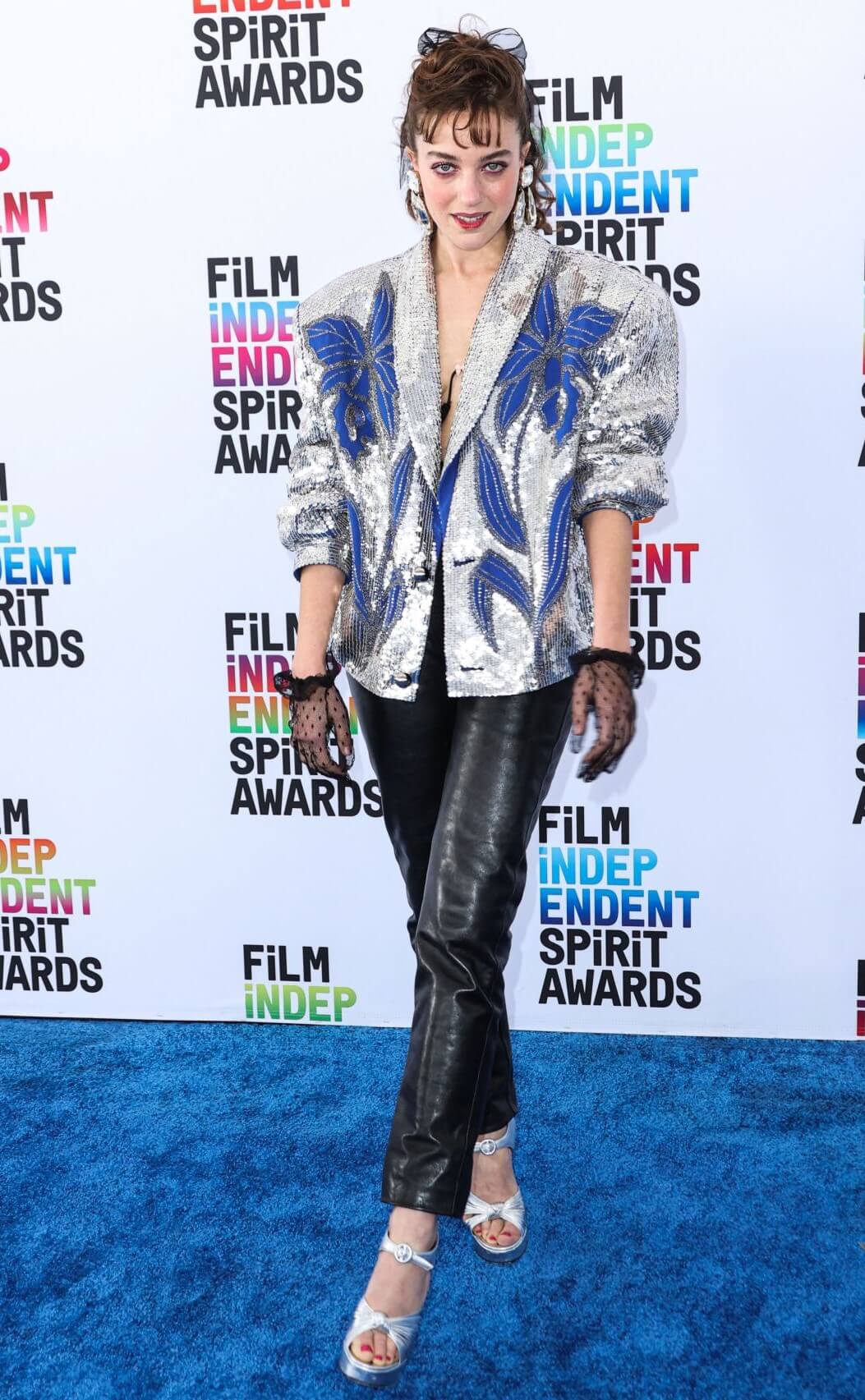 Beatrice Granno In Shimmery Jacket With Leather Pants At Film Independent Spirit Awards