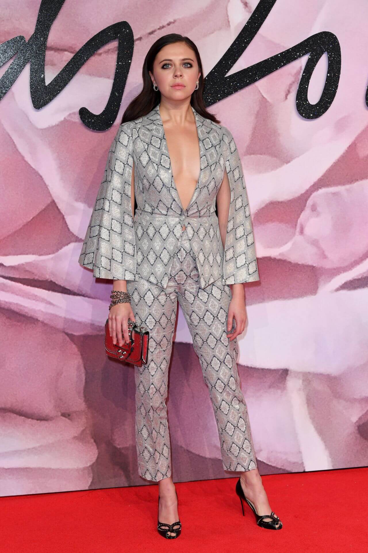 Bel Powley In Grey Printed V Neckline Long Flare Jacket With Pants At The Fashion Awards in London, UK