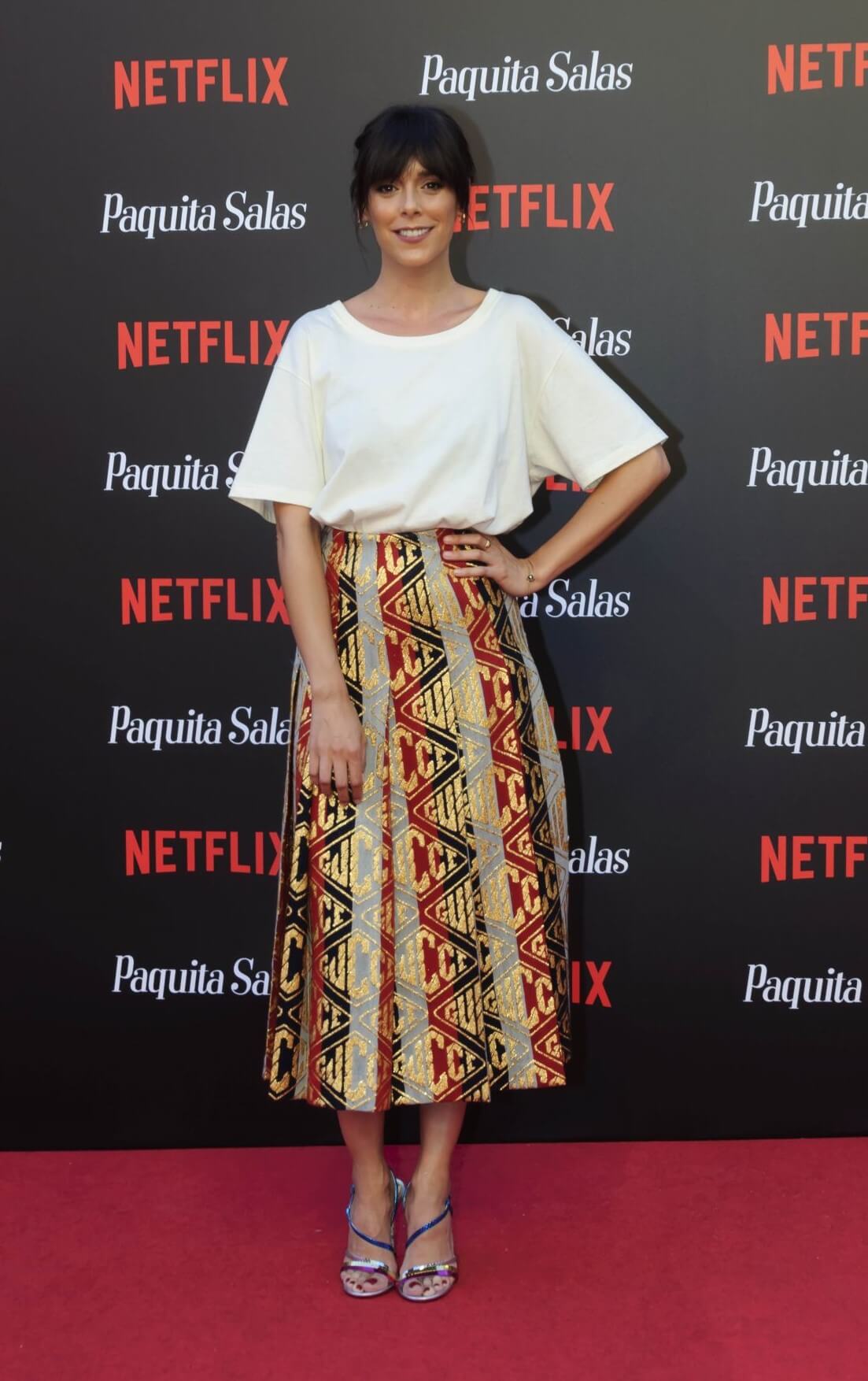 Belen Cuesta In Off White T-Shirt With Printed Long skirt At “Paquita Salas” Premiere in Madrid