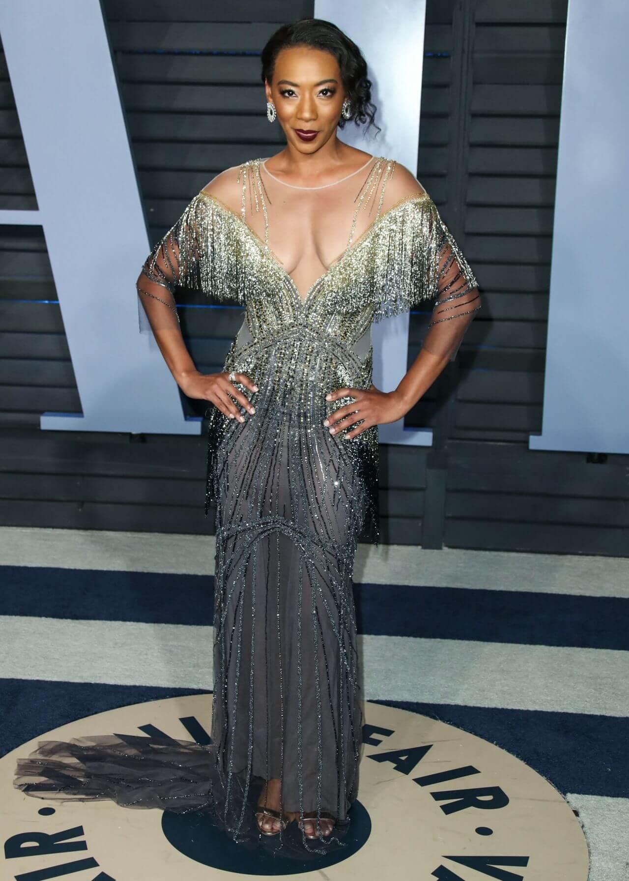 Betty Gabriel In Dual Shade Of Fabric V Neckline With Fringing Style Long Gown Dress