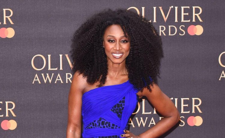 Beverley Knight In Blue With Black Patchwork Long Gown Dress At Laurence Olivier Awards
