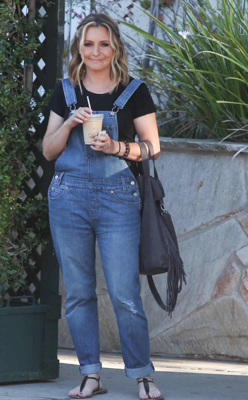 Beverley Mitchell In Blue Denim Dungaree With Black Top Outfit