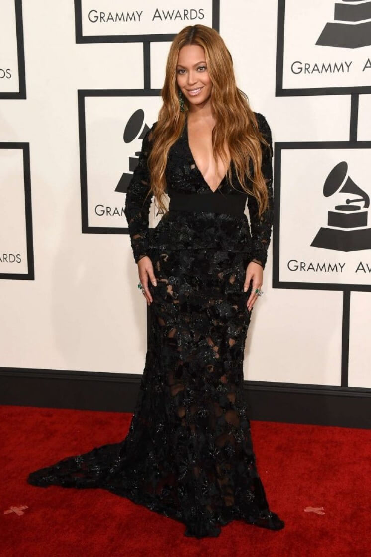 Beyonce Knowles In Black Foral Design Embroidery Long Flare Gown At Grammy Awards in Los Angeles