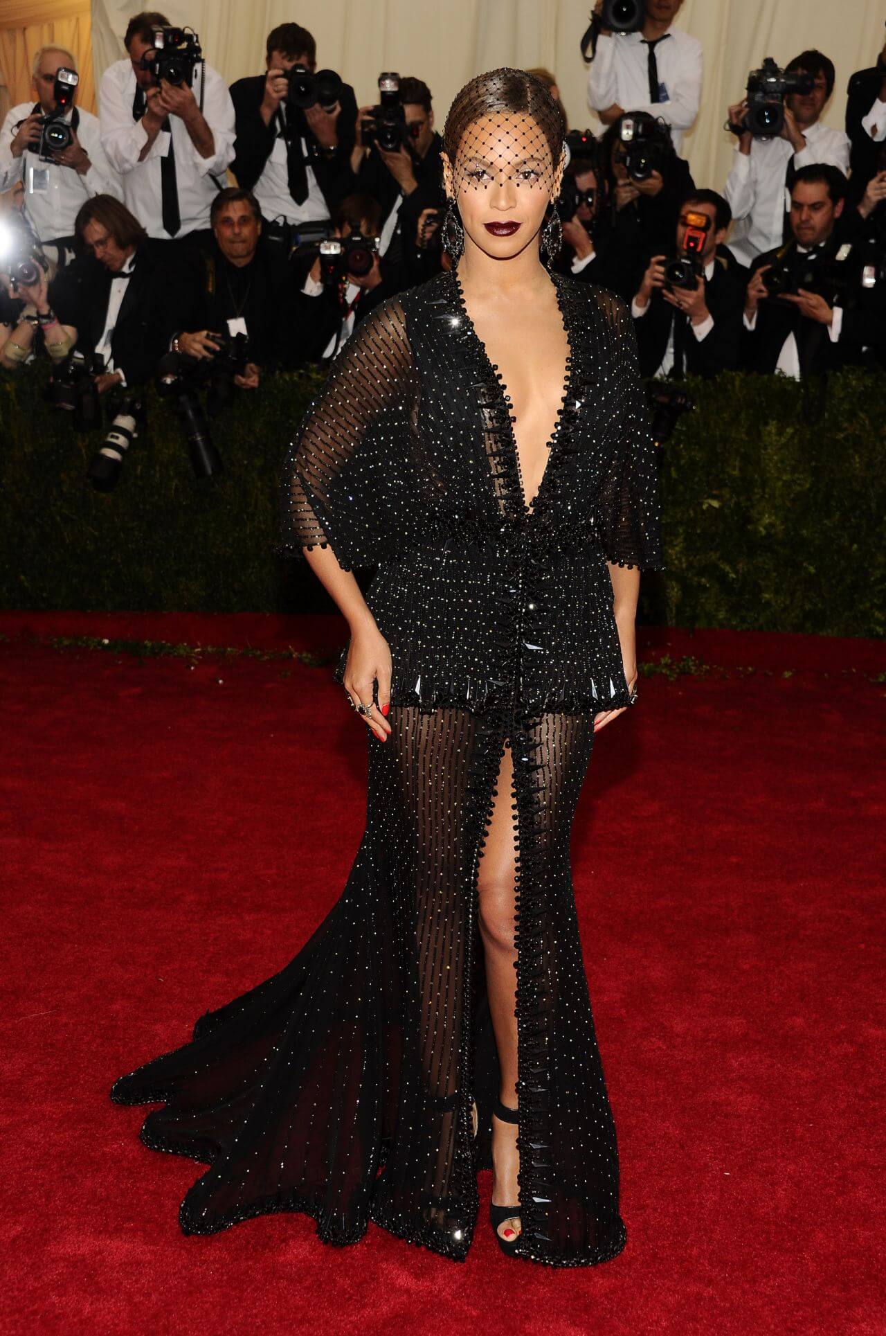 Beyonce Knowles Wearing In Black Shimmery With Punk Style Long Gown At Met Costume Institute Gala