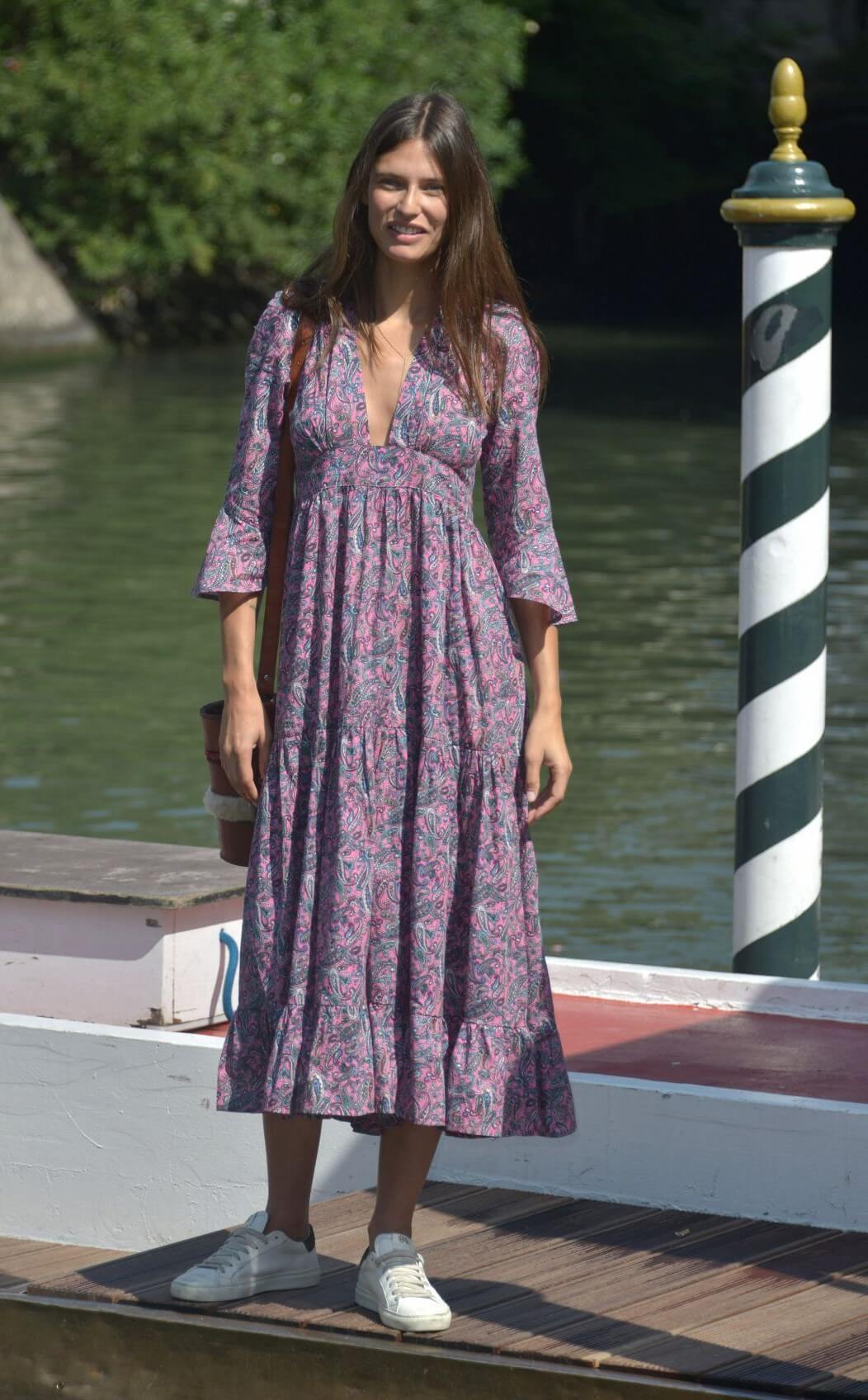 Bianca Balti  In Printed V Neckline Long Maxi Dress Arriving at the 75th Venice Film Festival