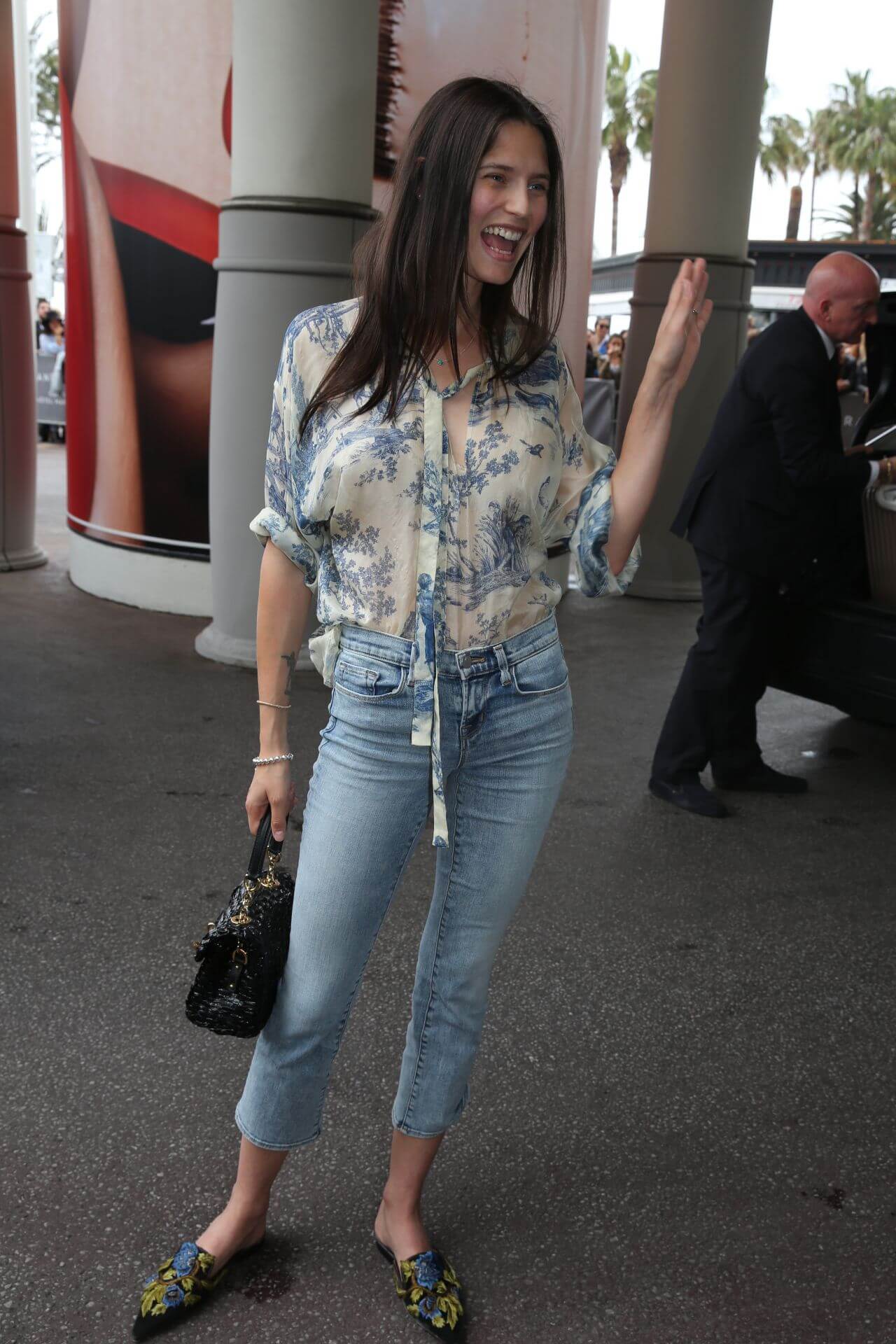 Bianca Balti In White Printed Sheering Shirt With Blue Denim Jeans at Hotel Martinez in Cannes